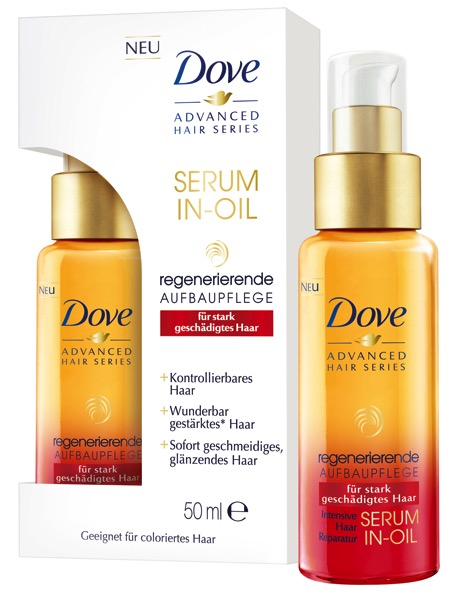 Dove Advanced Hair Series Regenerierende Aufbaupflege Serum Flasche und Box